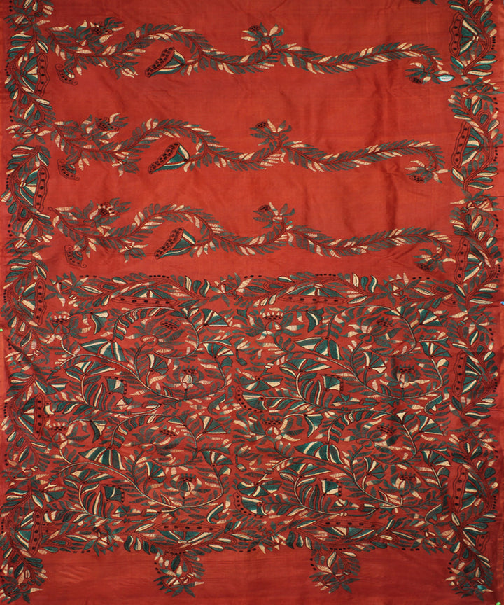 Chestnut brown tussar silk hand embroidery kantha stitch saree