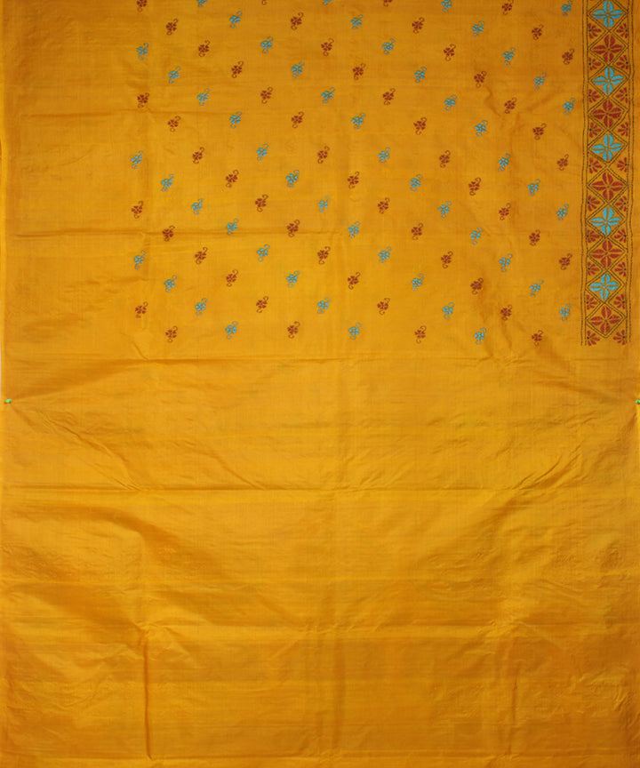 Bronze yellow tussar silk hand embroidery kantha stitch saree