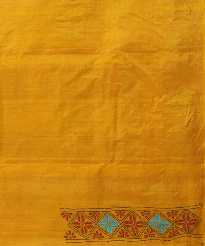 Bronze yellow tussar silk hand embroidery kantha stitch saree