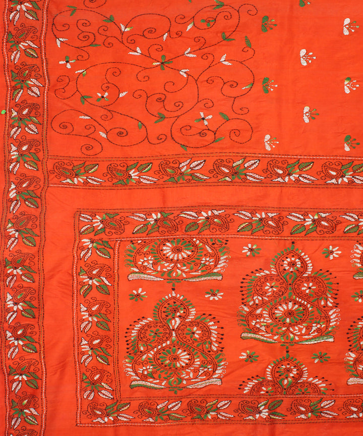 Burnt orange tussar silk hand embroidery kantha stitch saree