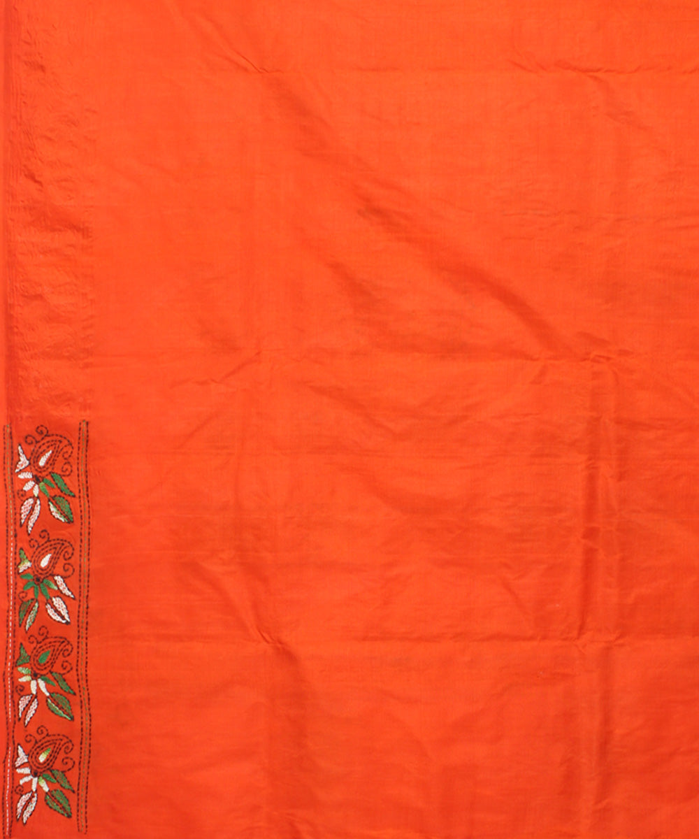 Burnt orange tussar silk hand embroidery kantha stitch saree