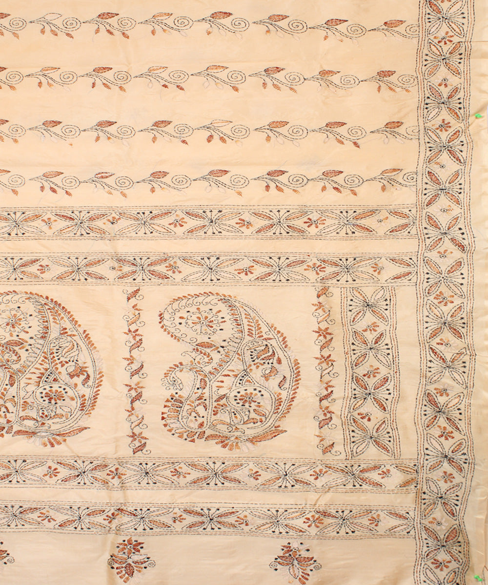 Beige tussar silk hand embroidery kantha stitch saree
