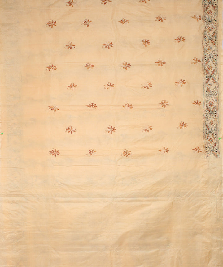 Beige tussar silk hand embroidery kantha stitch saree