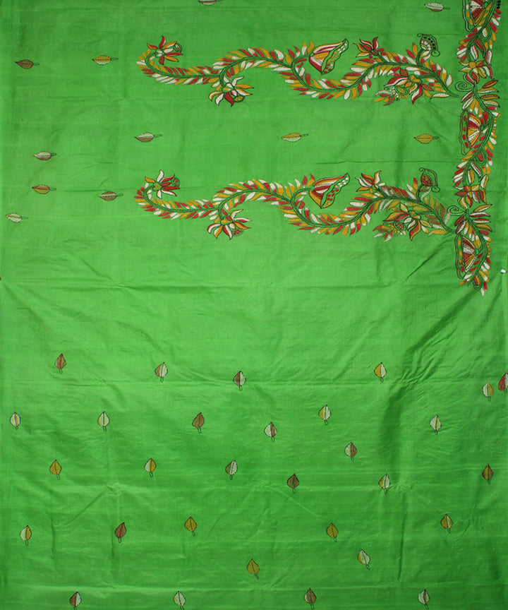Light green tussar silk hand embroidery kantha stitch saree