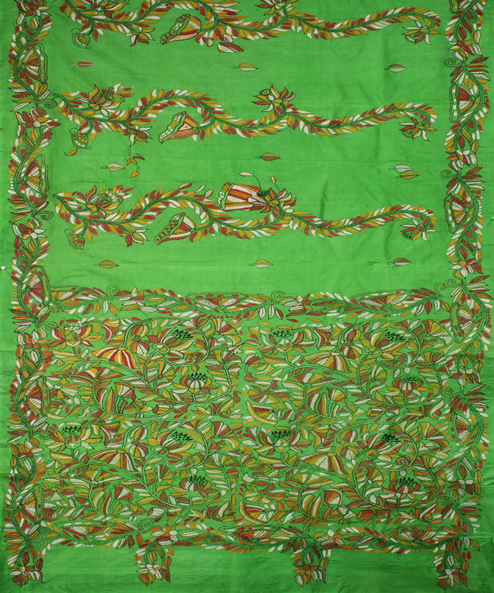 Light green tussar silk hand embroidery kantha stitch saree