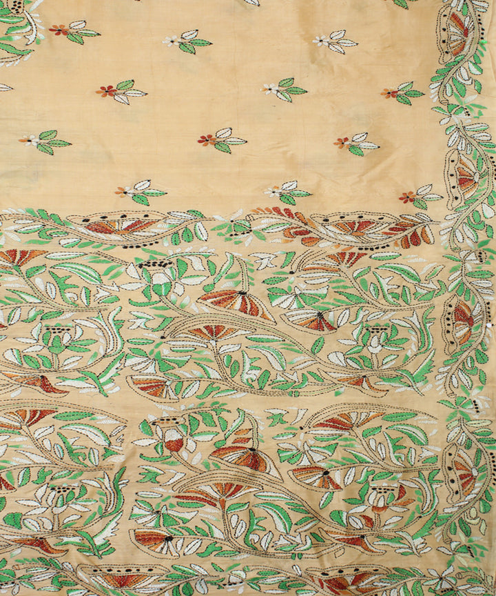 Beige cream tussar silk hand embroidery kantha stitch saree