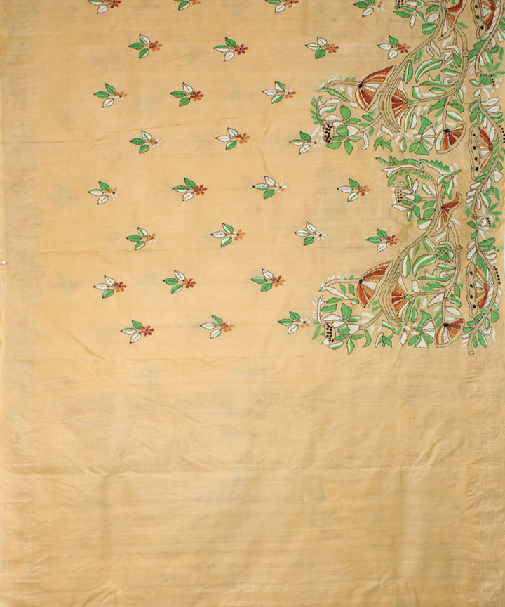 Beige cream tussar silk hand embroidery kantha stitch saree