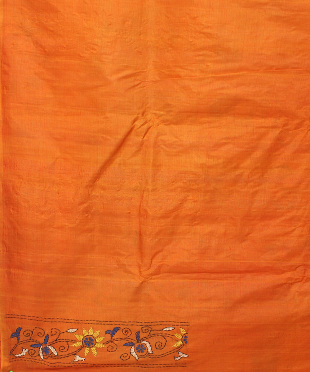 Carrot orange silk hand embroidery kantha stitch tussar saree