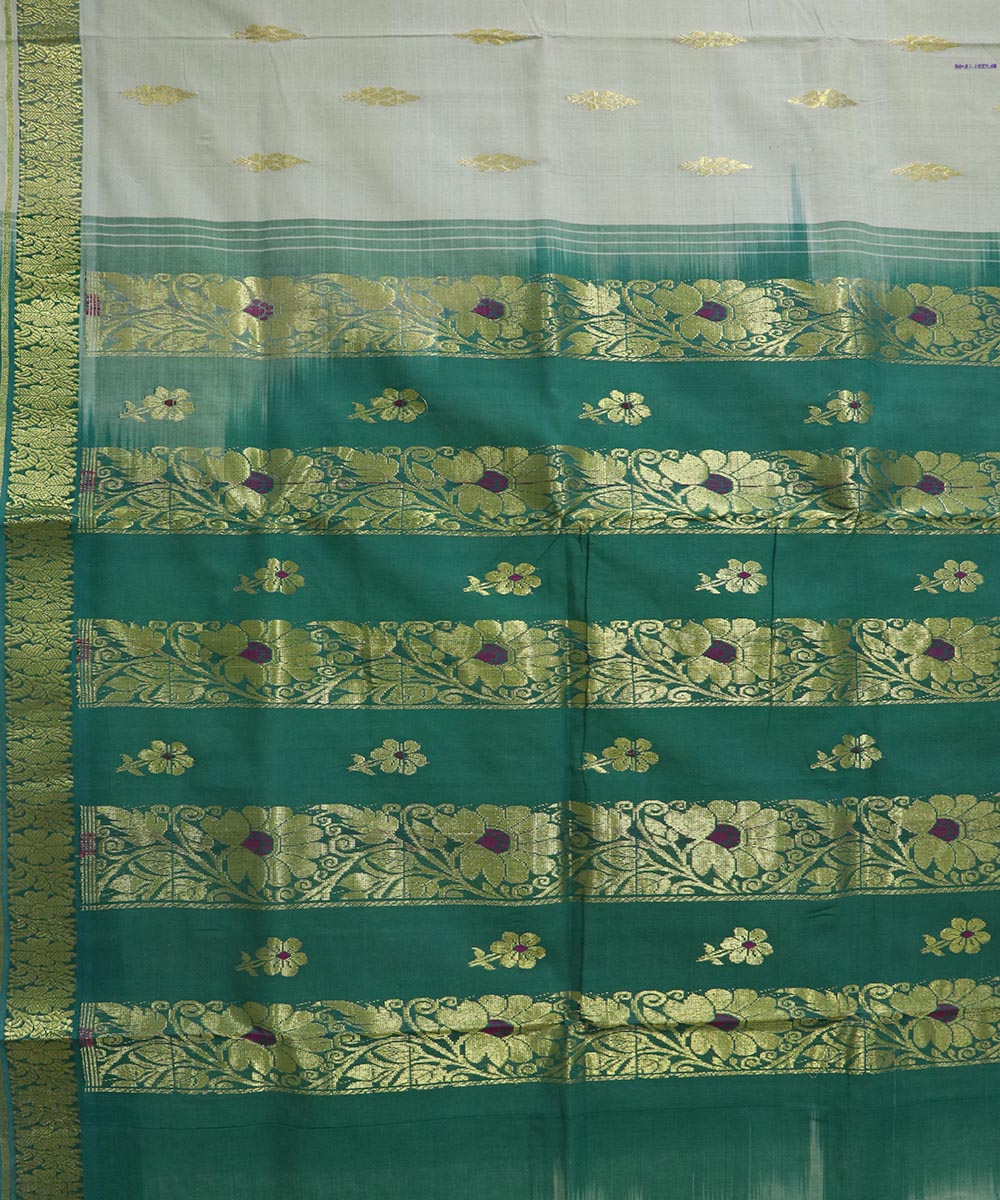 Grey and green handloom cotton bandar saree