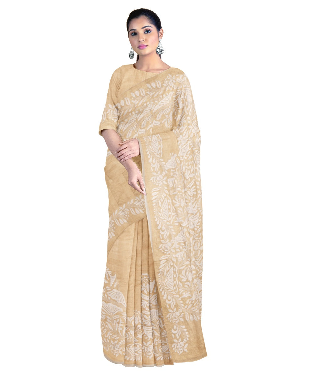 Tantuja beige white handloom tussar embroidery kantha stitch saree