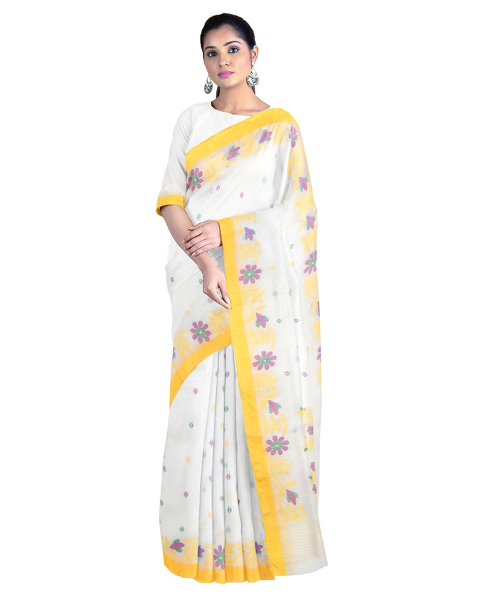 Tantuja white and yellow handloom cotton jamdani saree
