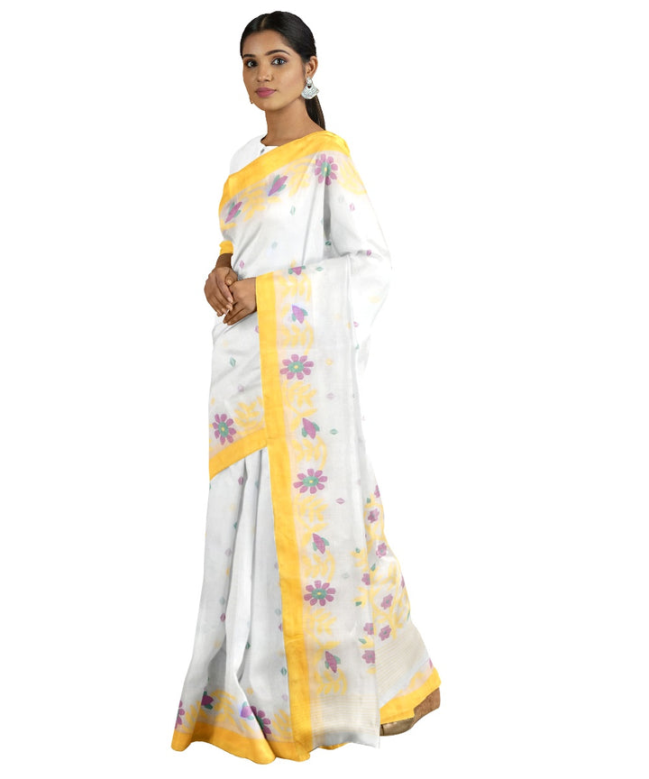Tantuja white and yellow handloom cotton jamdani saree