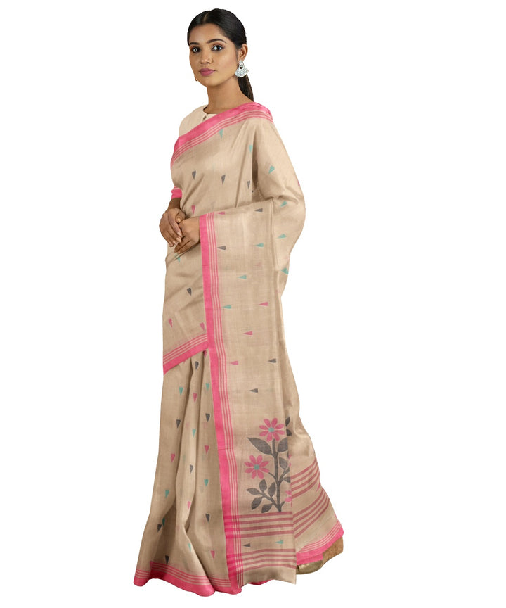 Tantuja brown beige handloom cotton jamdani saree