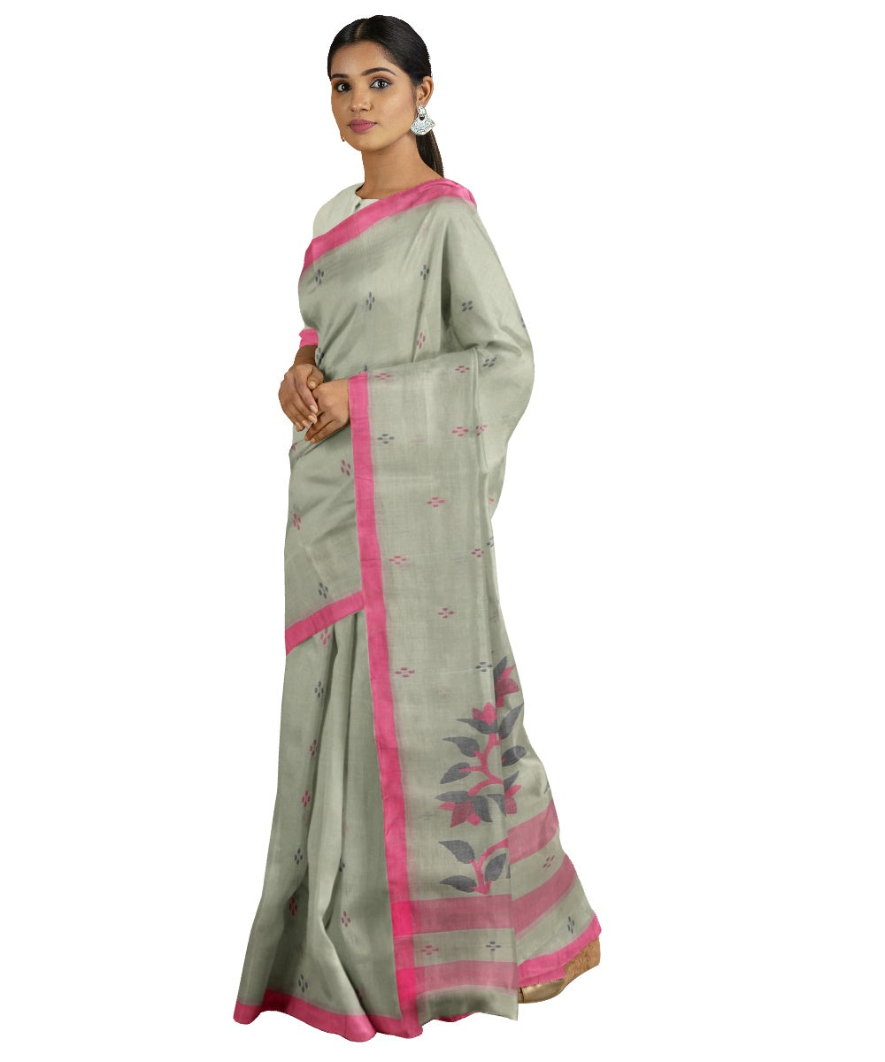 Tantuja grey green handloom cotton jamdani saree
