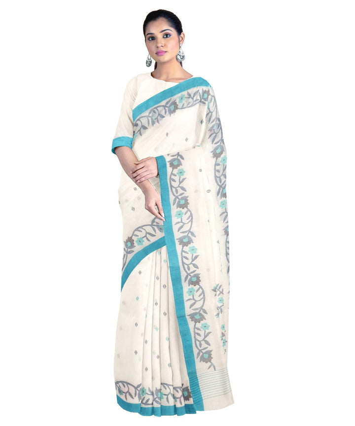 Tantuja white and blue handloom cotton jamdani saree