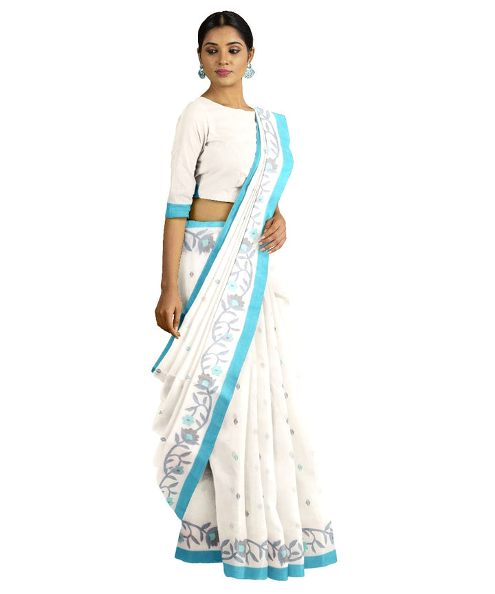 Tantuja white and blue handloom cotton jamdani saree