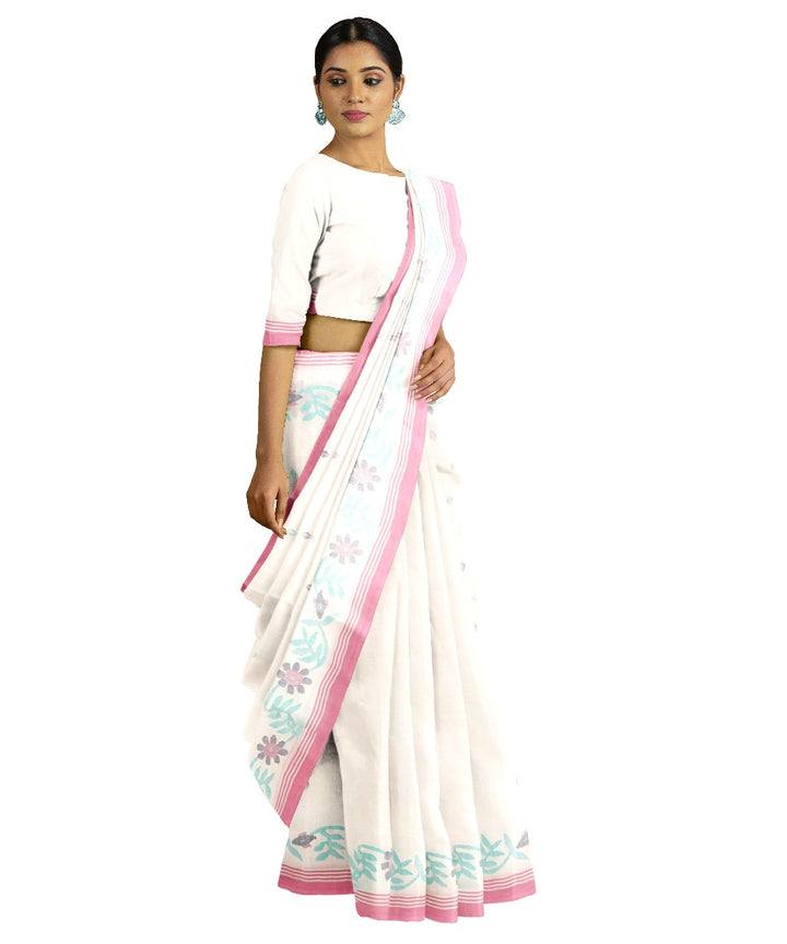 Tantuja white and mauve handwoven cotton jamdani saree