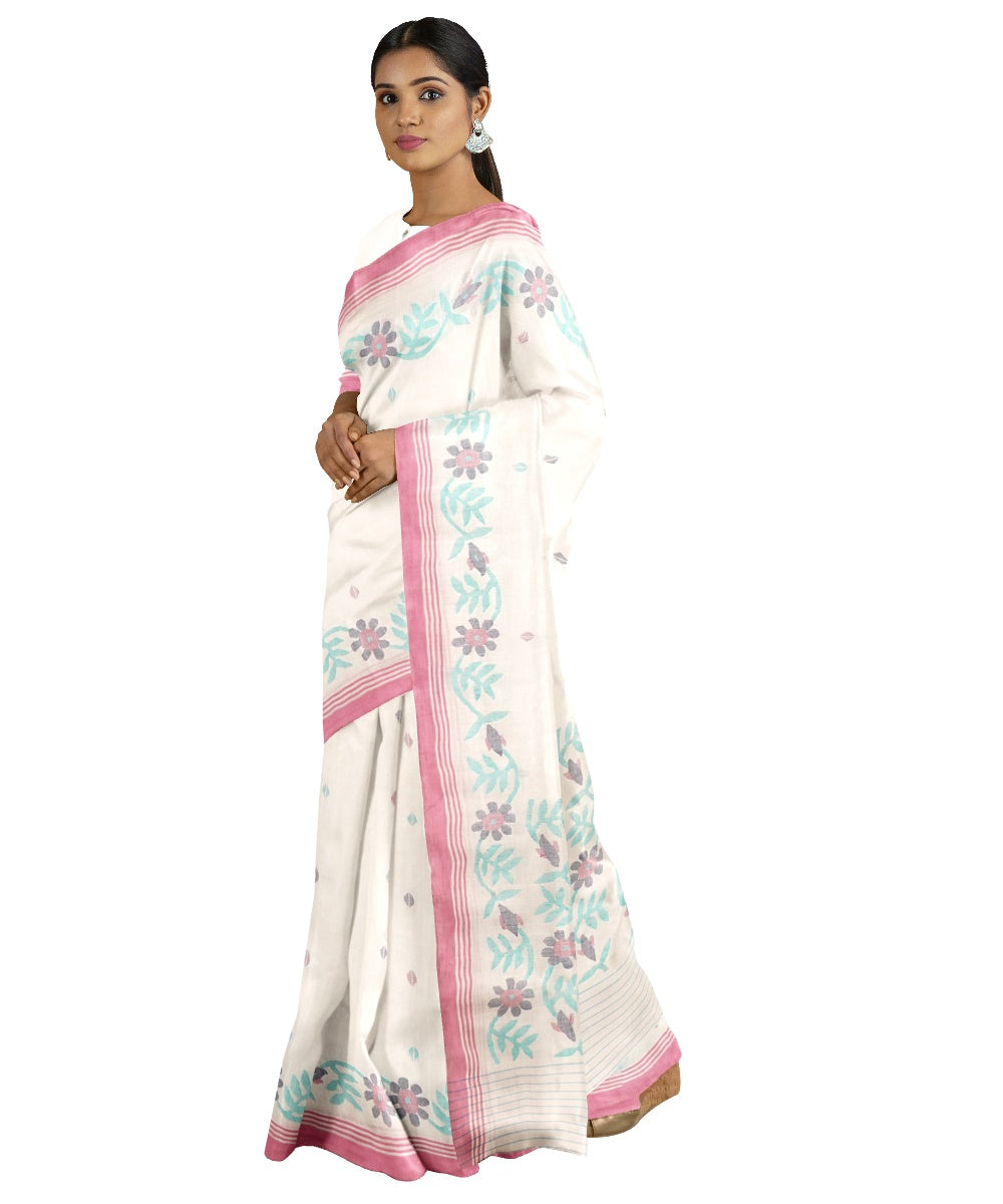 Tantuja white and mauve handwoven cotton jamdani saree