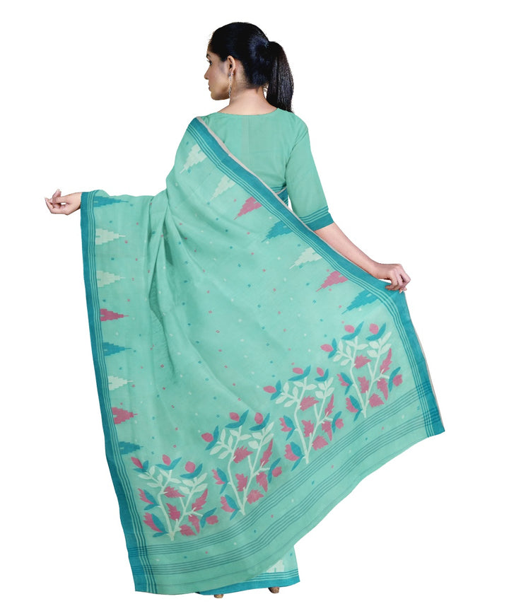 Tantuja cyan green handloom cotton silk jamdani saree