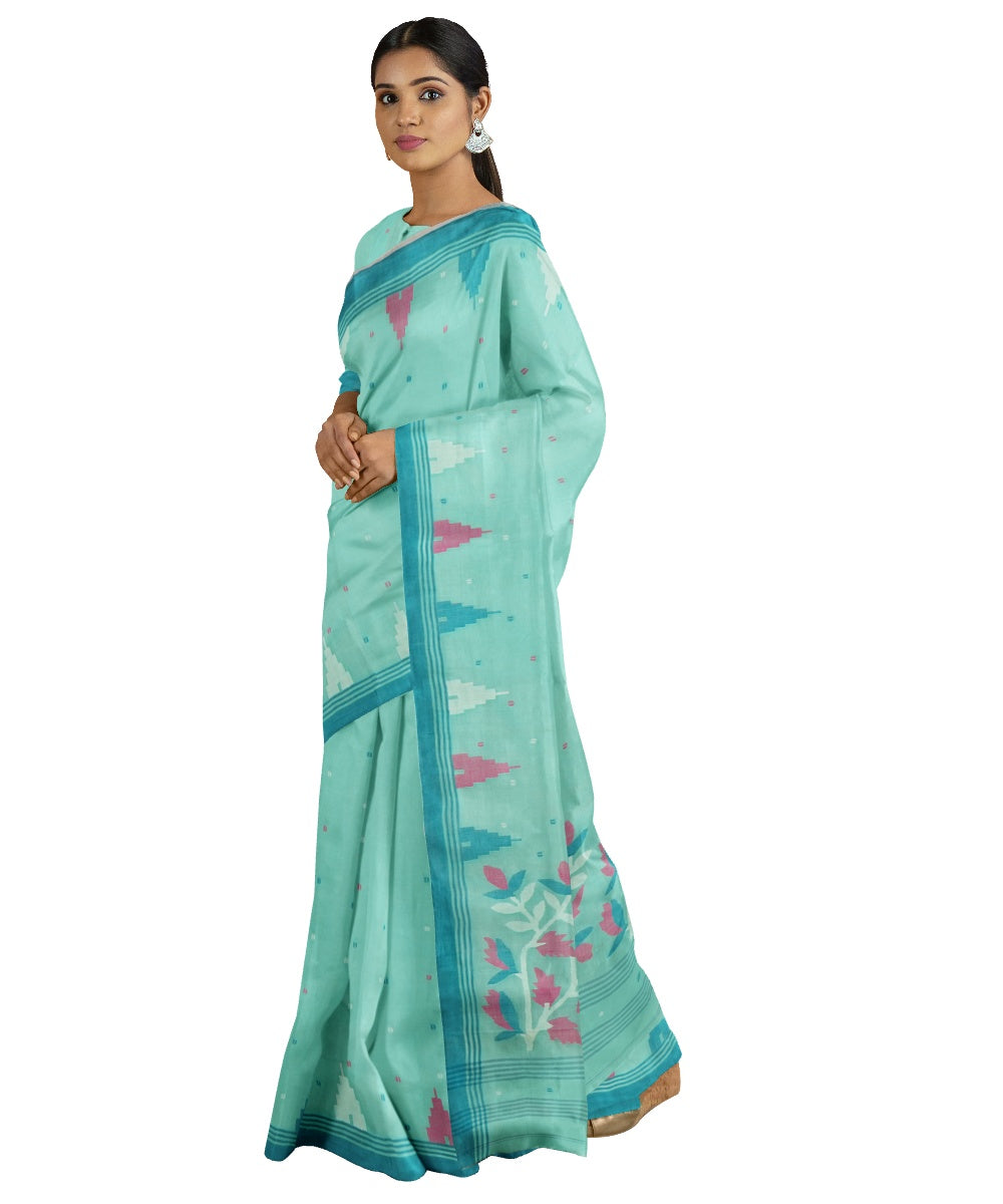 Tantuja cyan green handloom cotton silk jamdani saree