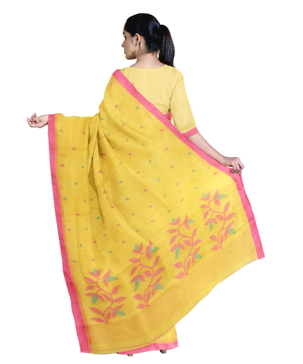 Tantuja mustard pink handloom cotton jamdani saree