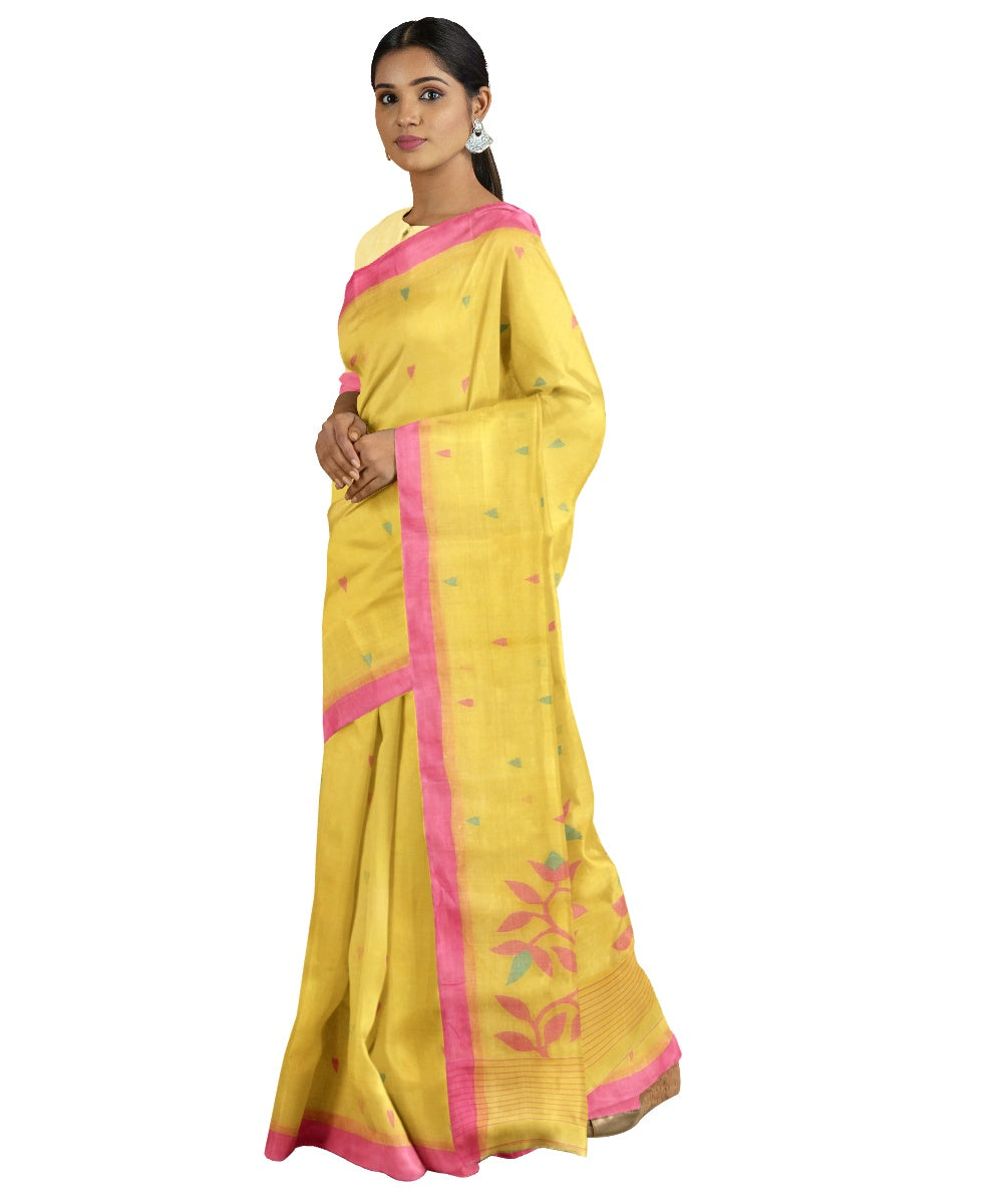 Tantuja mustard pink handloom cotton jamdani saree