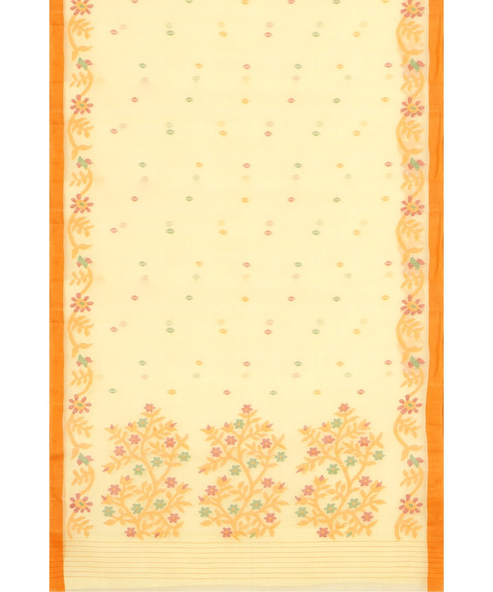Tantuja pale yellow orange handloom cotton jamdani saree