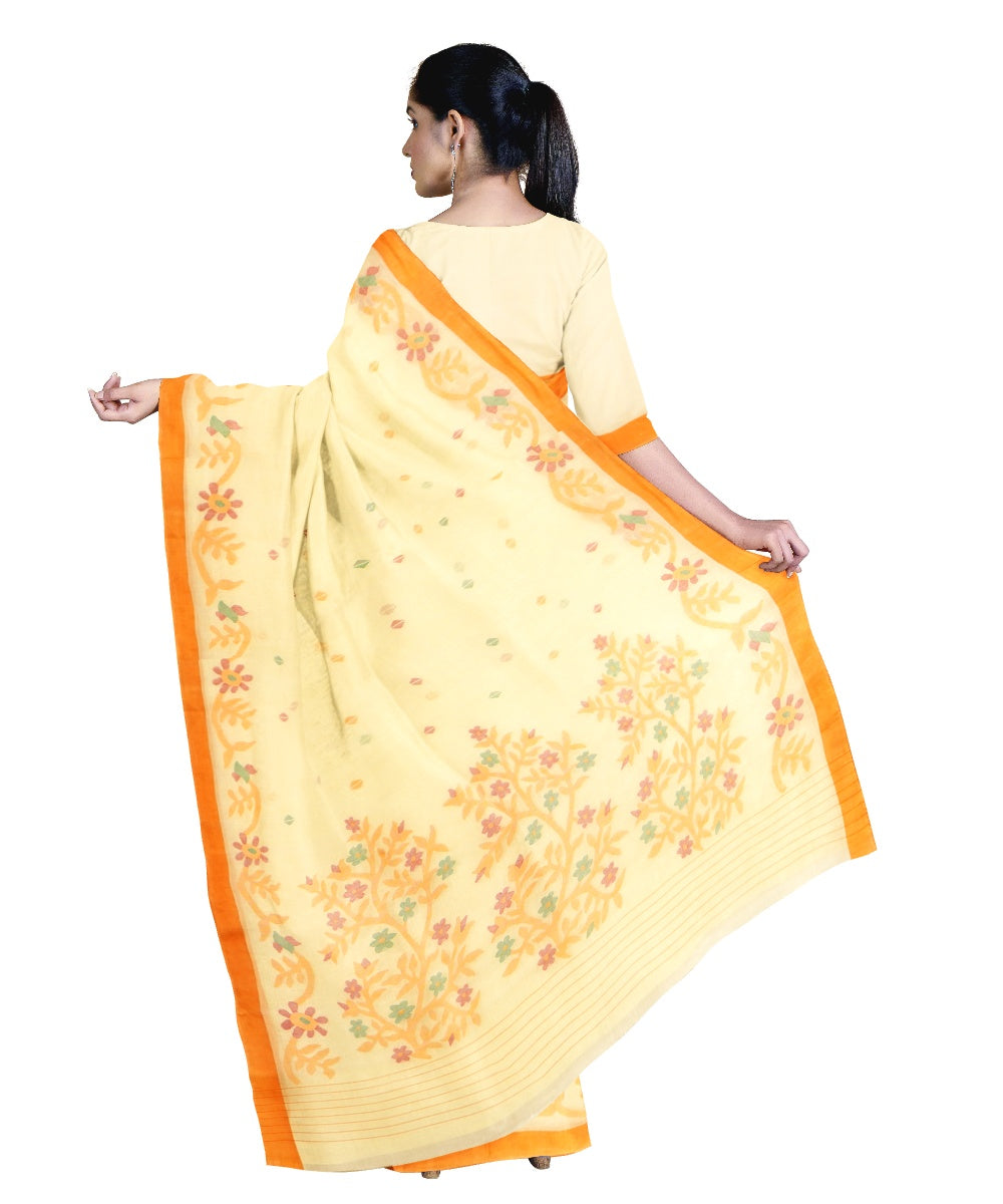 Tantuja pale yellow orange handloom cotton jamdani saree