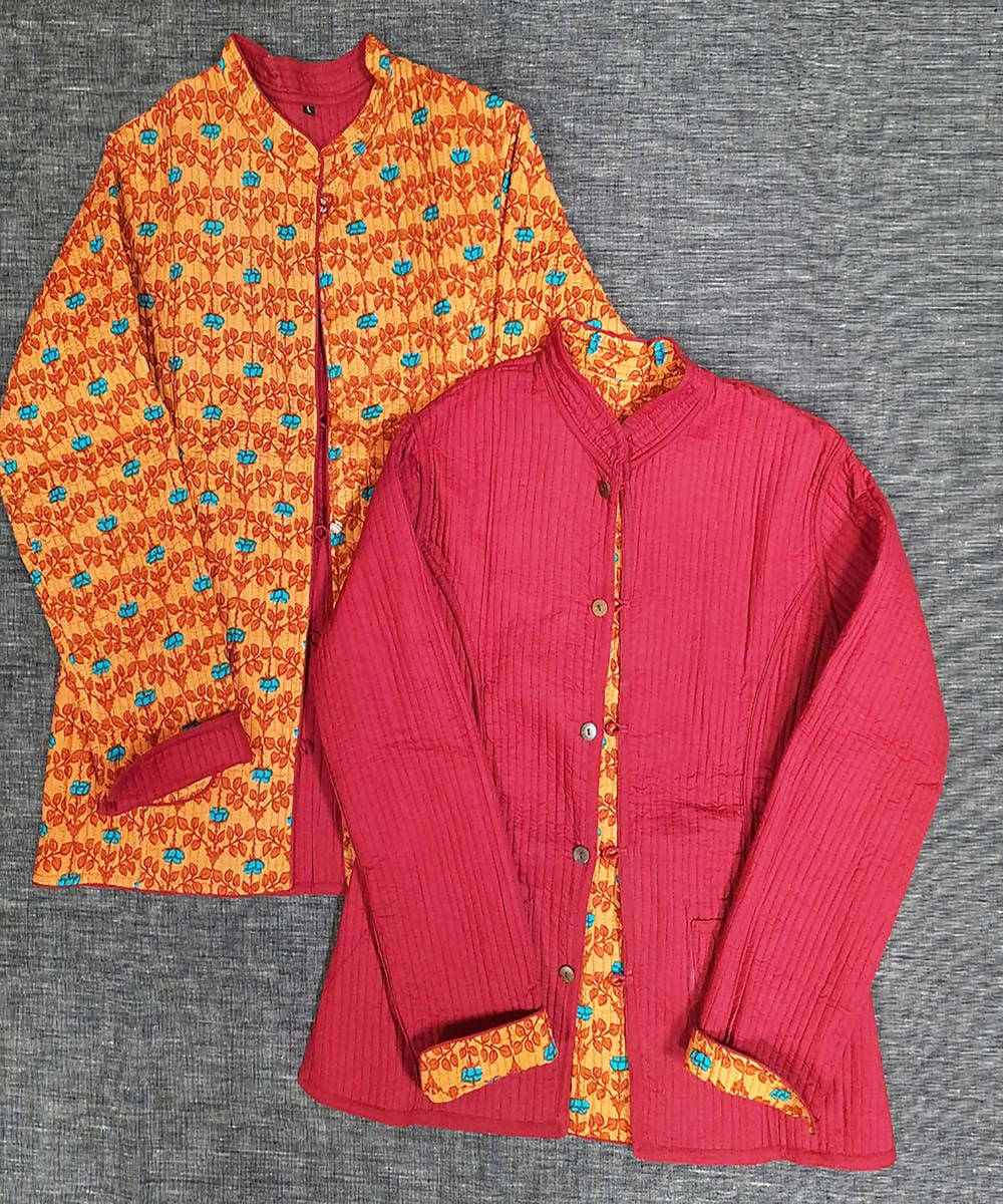Pink and yellow block printed reversible jacket with cotton quilting