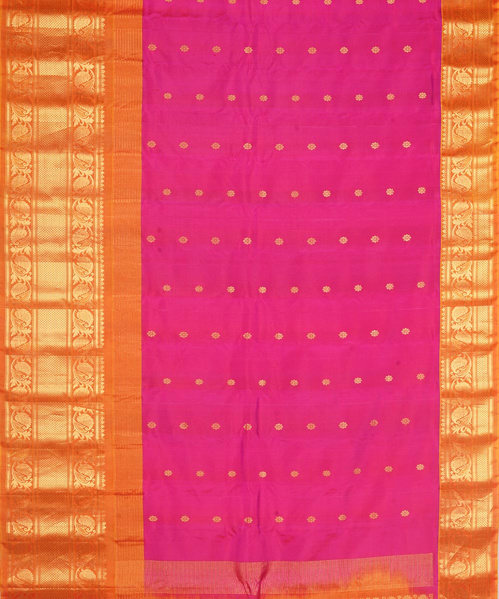 Pink orange silk handwoven gadwal saree