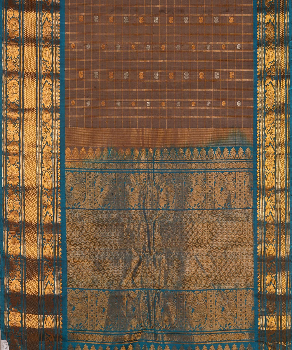 Brown blue silk handwoven gadwal saree