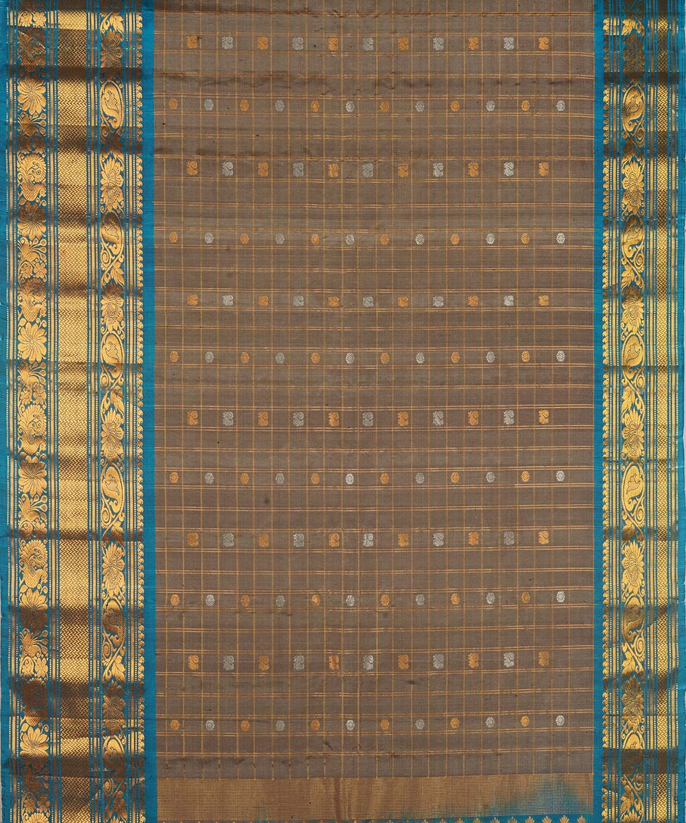 Brown blue silk handwoven gadwal saree