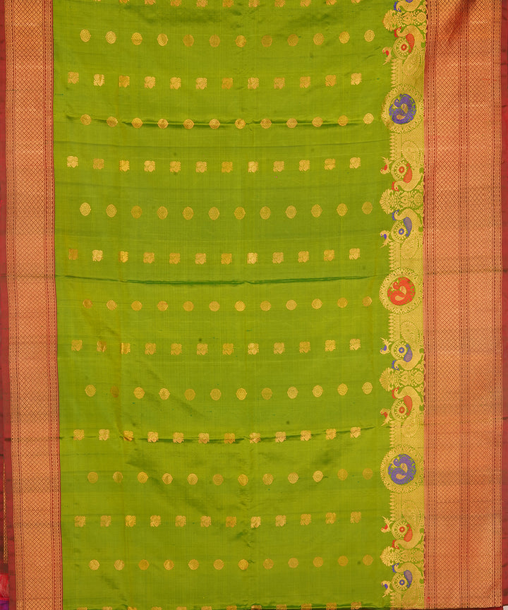 Light green with dual shaded red green silk handwoven gadwal saree