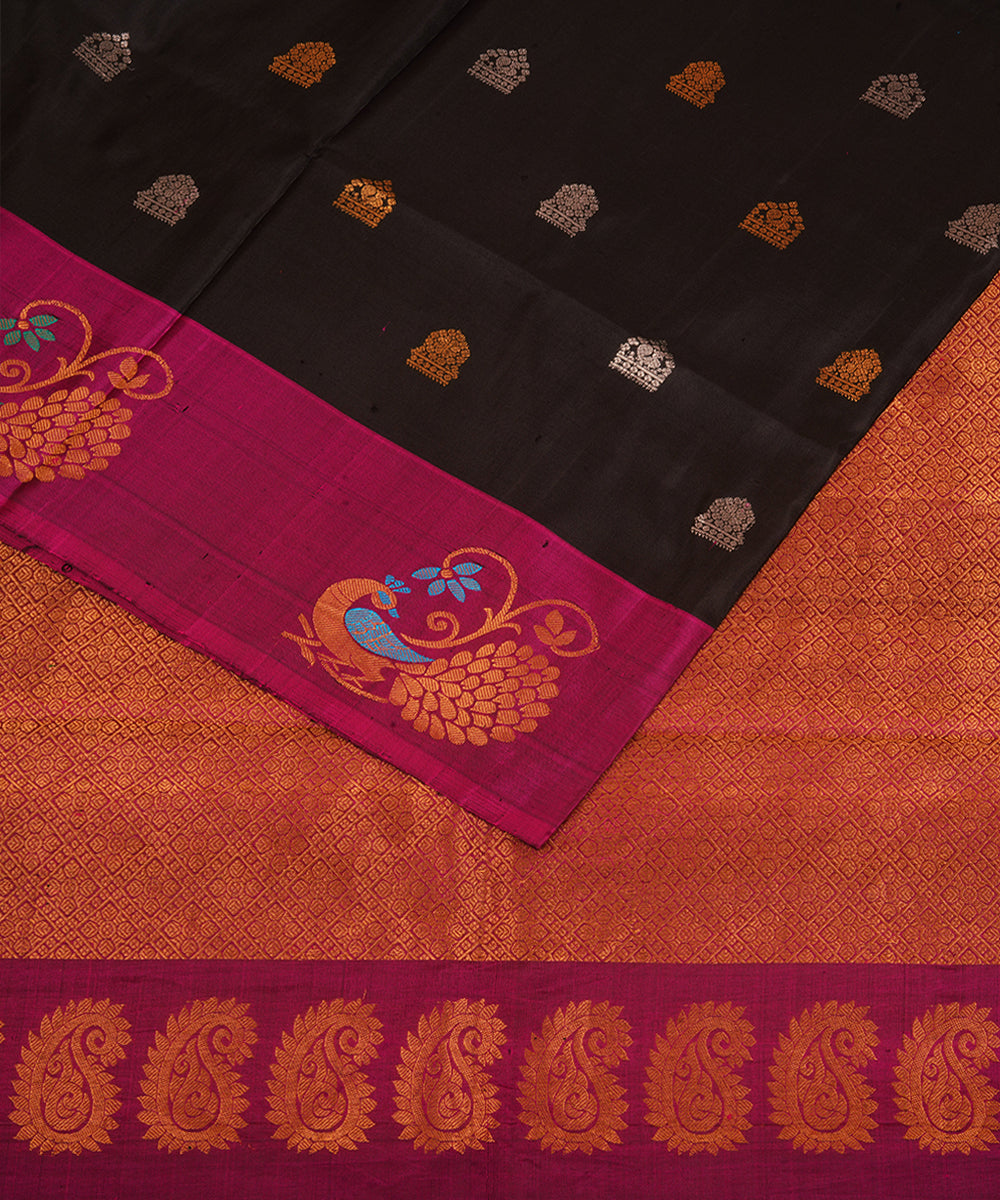 Black purple silk handwoven gadwal saree