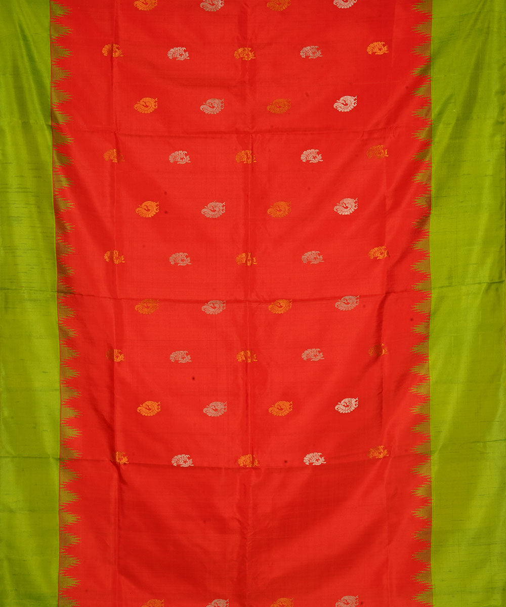 Red and light green silk handwoven gadwal saree
