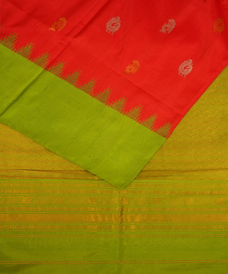Red and light green silk handwoven gadwal saree