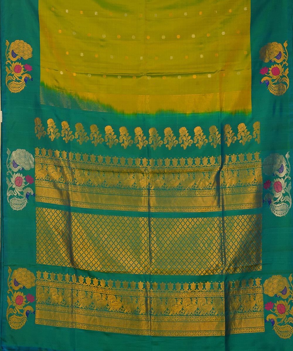 Olive green turquoise silk handwoven gadwal saree