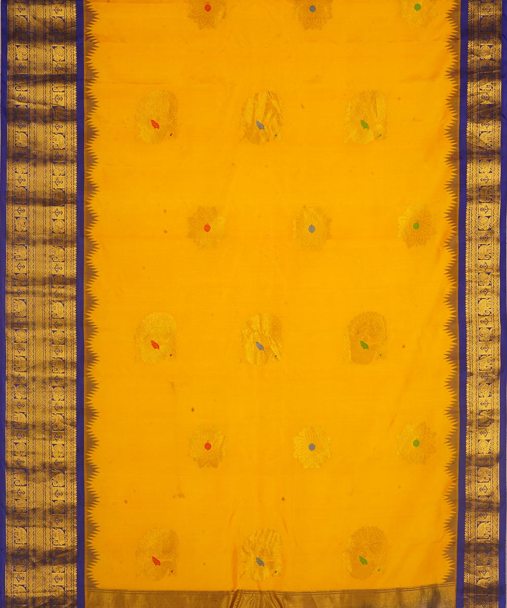 Yellow blue silk handwoven gadwal saree
