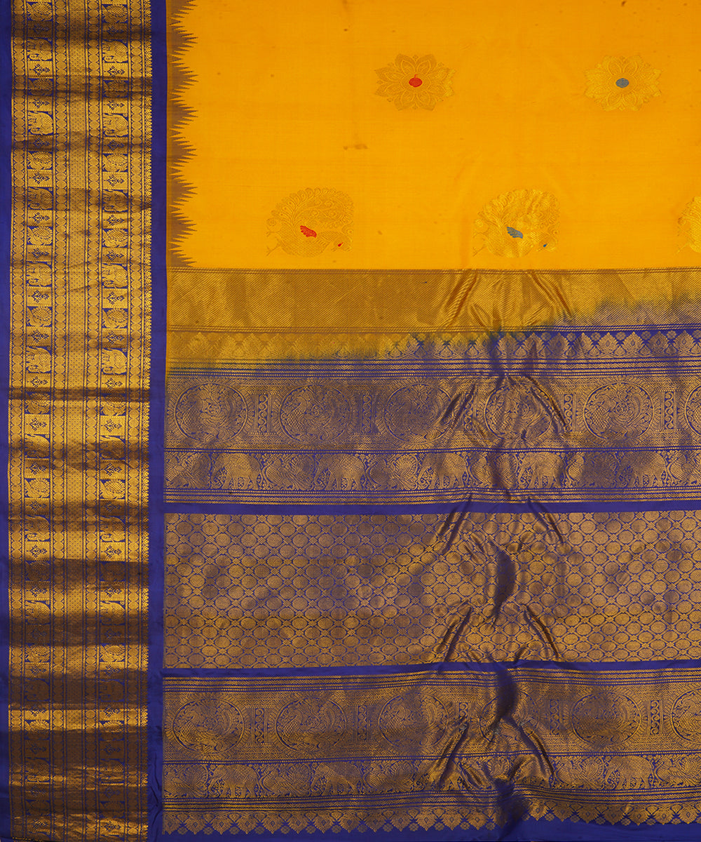 Yellow blue silk handwoven gadwal saree