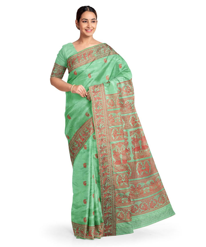 Biswa bangla light green red silk handloom baluchari saree
