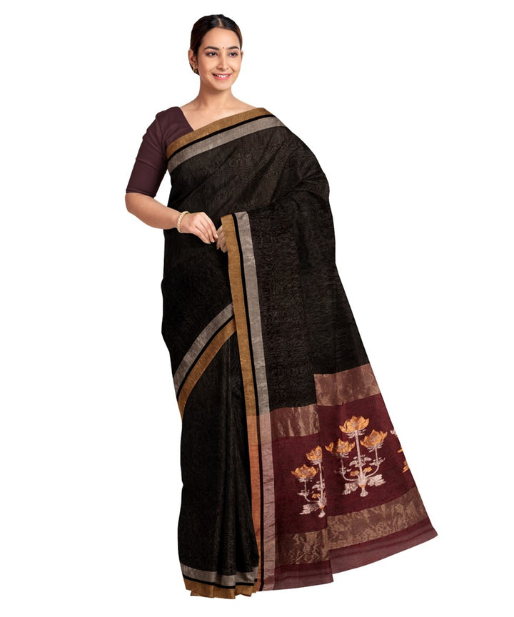 Black maroon handloom silk and linen bengal saree