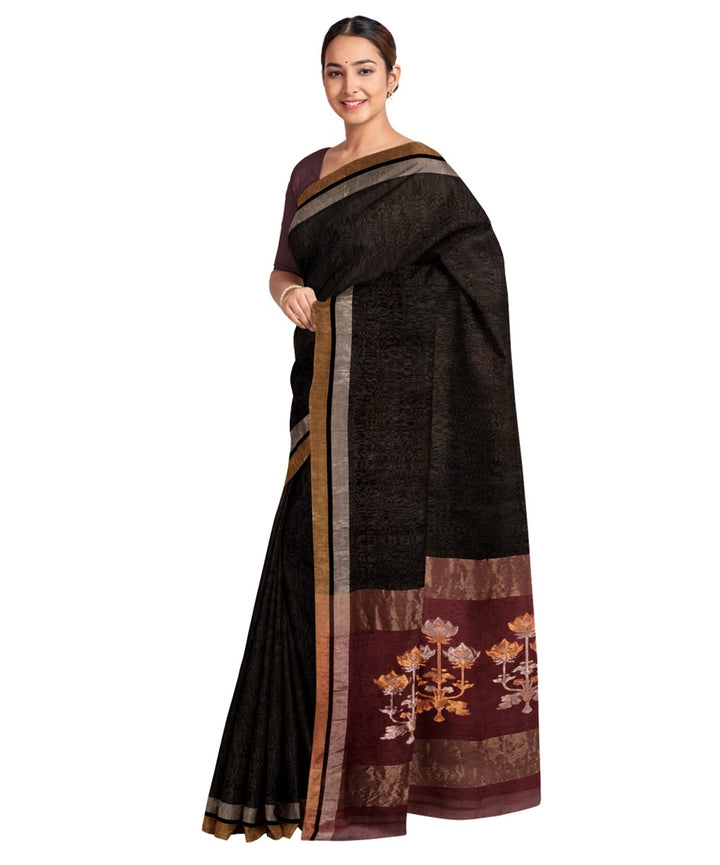 Black maroon handloom silk and linen bengal saree