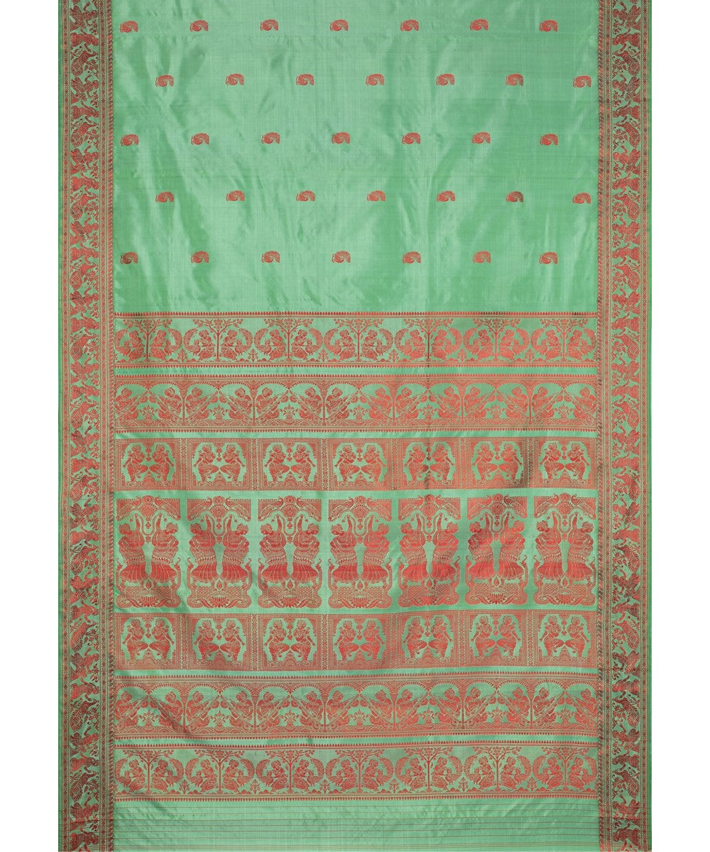 Biswa bangla light green red silk handloom baluchari saree
