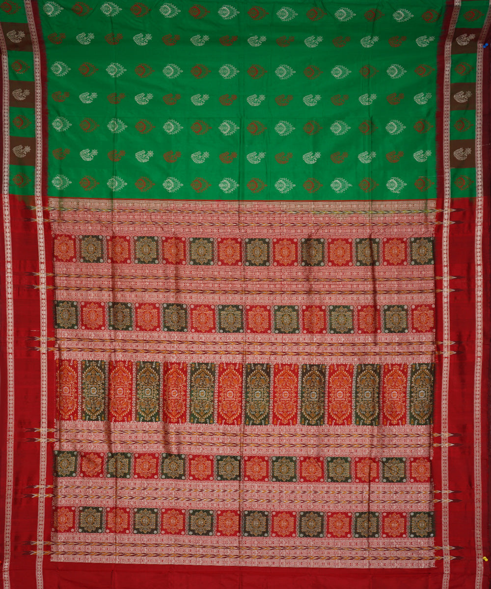 Serifed dark green red silk handloom bomkai saree