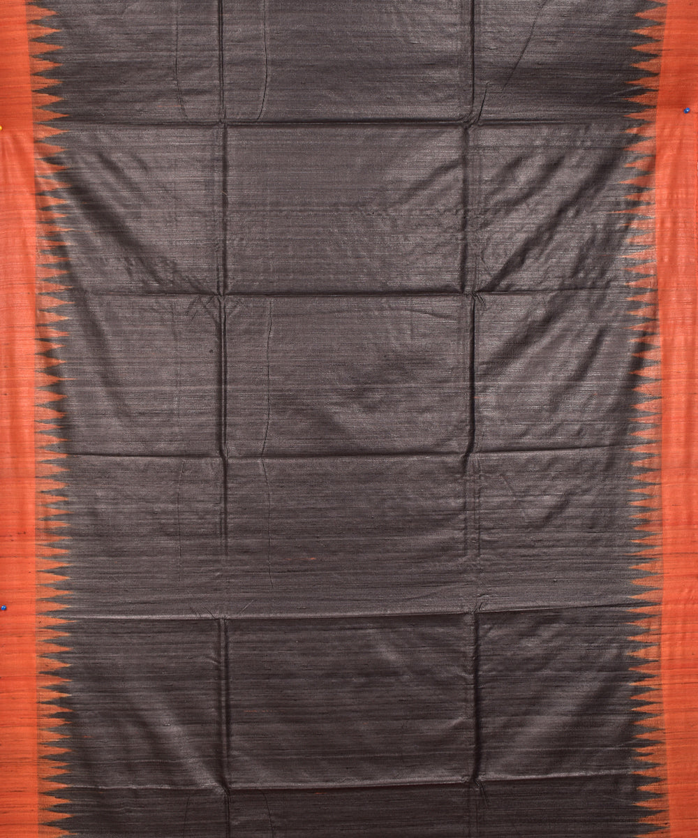 Serifed black orange tussar silk handloom ghicha saree