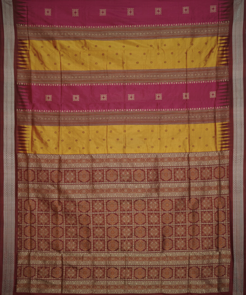 Mustard, pink and maroon silk handloom bomkai saree