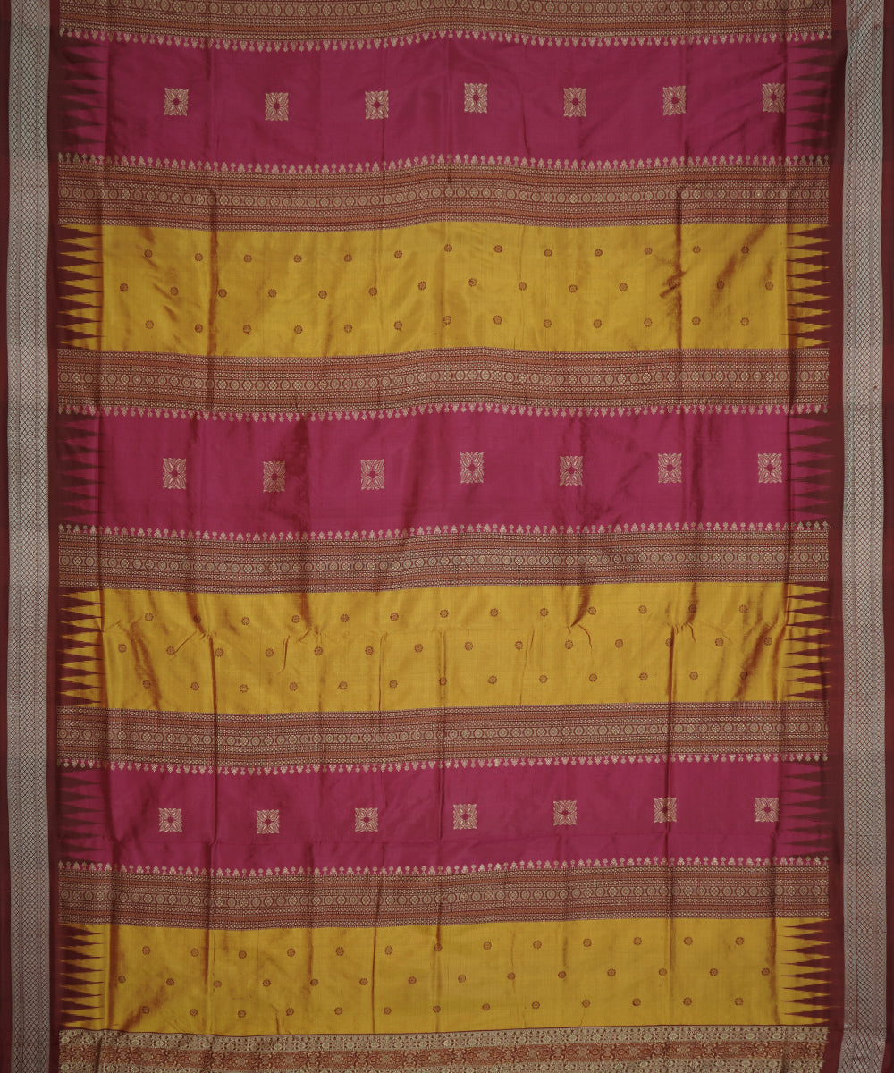 Mustard, pink and maroon silk handloom bomkai saree