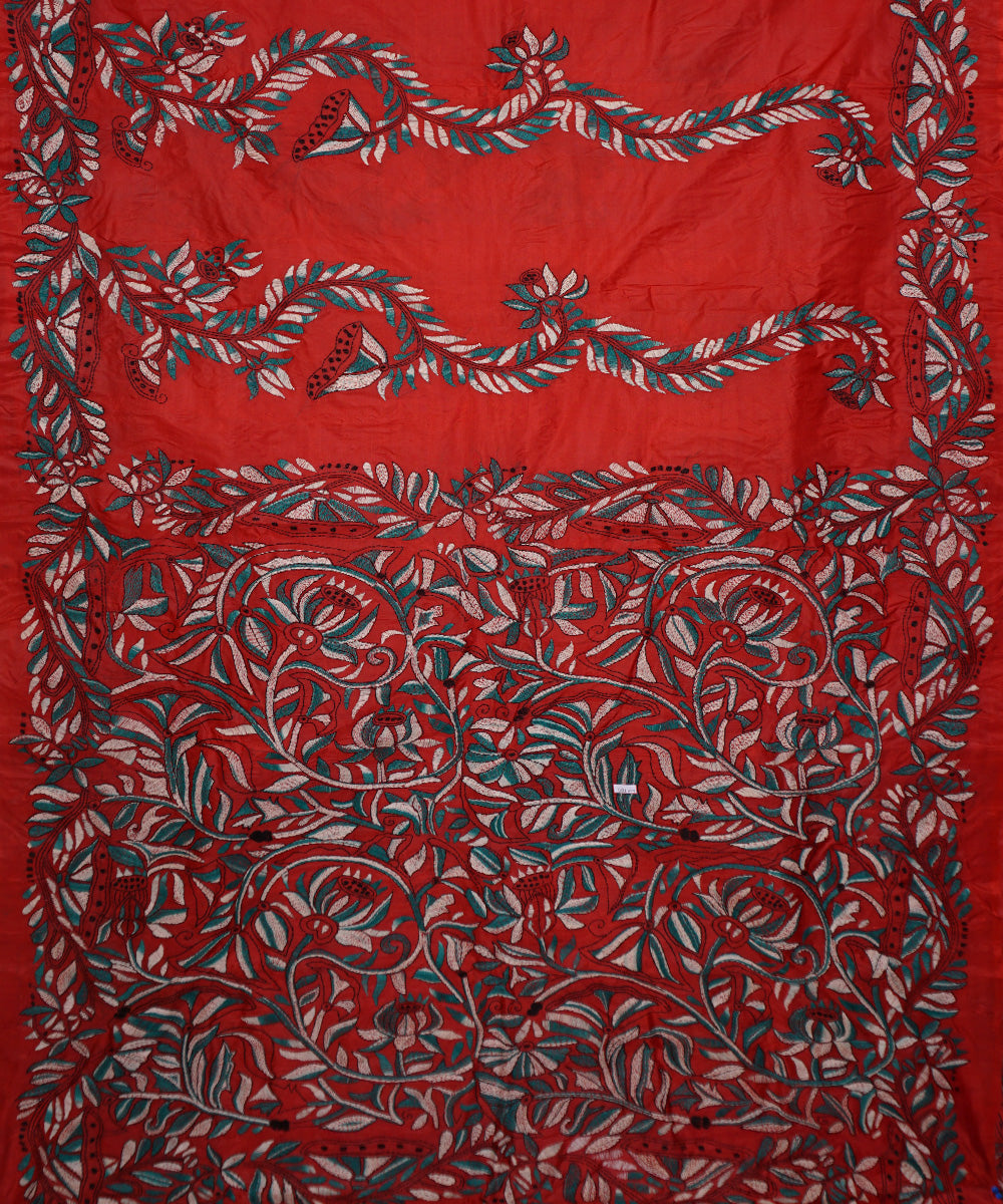 Red hand embroidery tussar silk kantha stitch saree