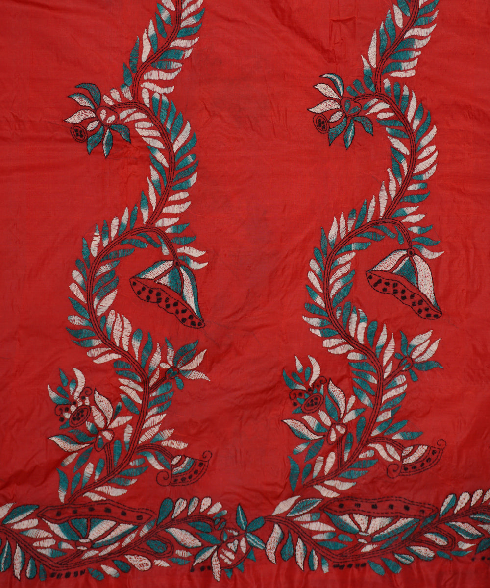 Red hand embroidery tussar silk kantha stitch saree