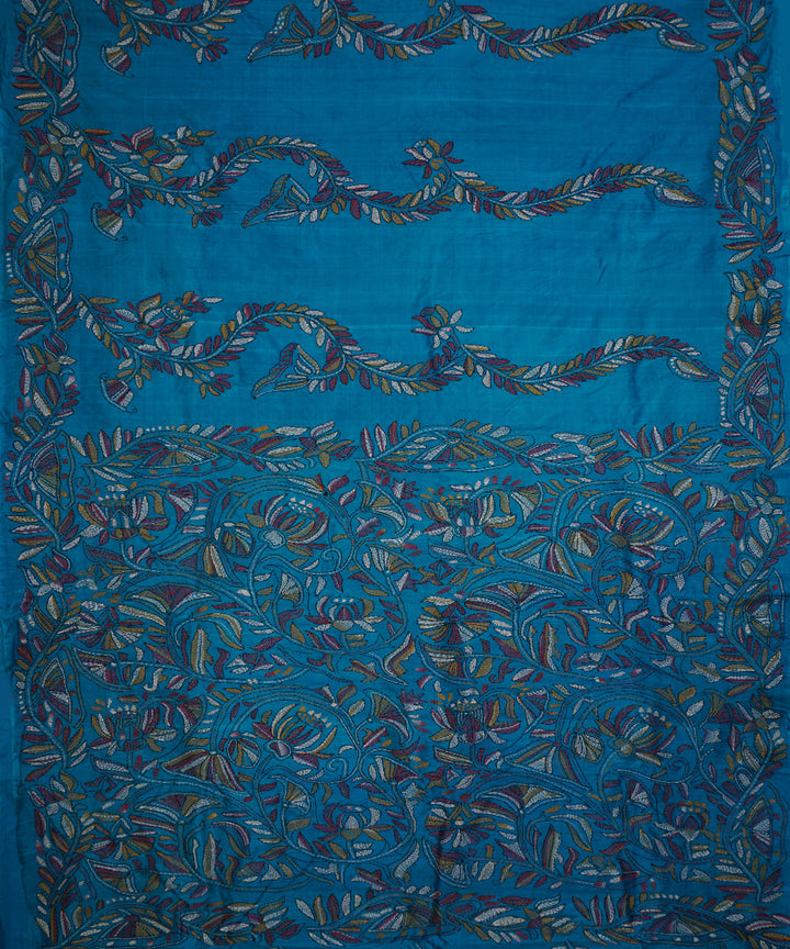Navy blue tussar silk hand embroidery kantha stitch saree